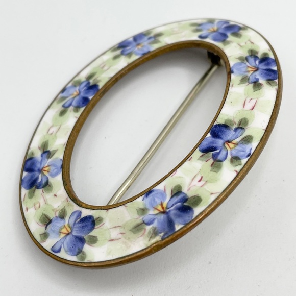 Antique Guilloche enamel flower sash pin brooch - Picture 4 of 5